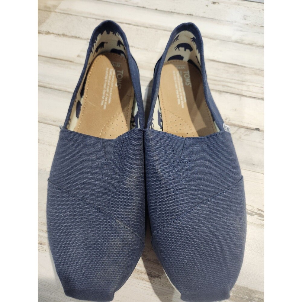 Toms Canvas Classic Slip Women's Navy Blue Slip Ons With Animals On Inside Sz 10